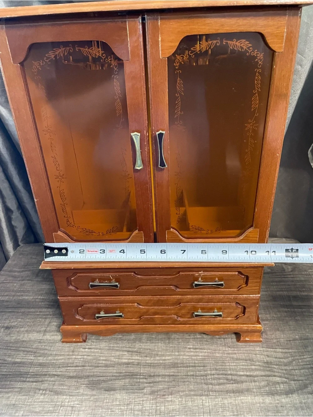 Vintage Mele Wood Jewelry Armoire Etched Glass Box